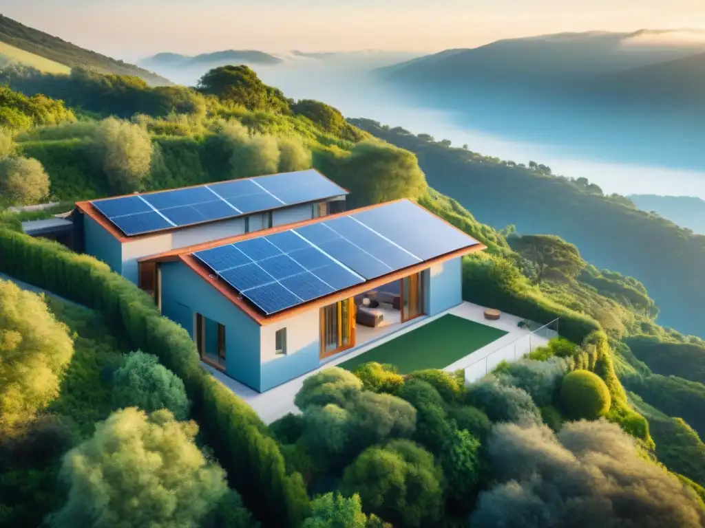 Una casa ecológica con paneles solares resplandece bajo el sol dorado, rodeada de vegetación exuberante