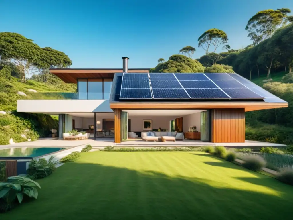 Una casa ecológica con paneles solares en el techo, rodeada de vegetación exuberante y cielo azul