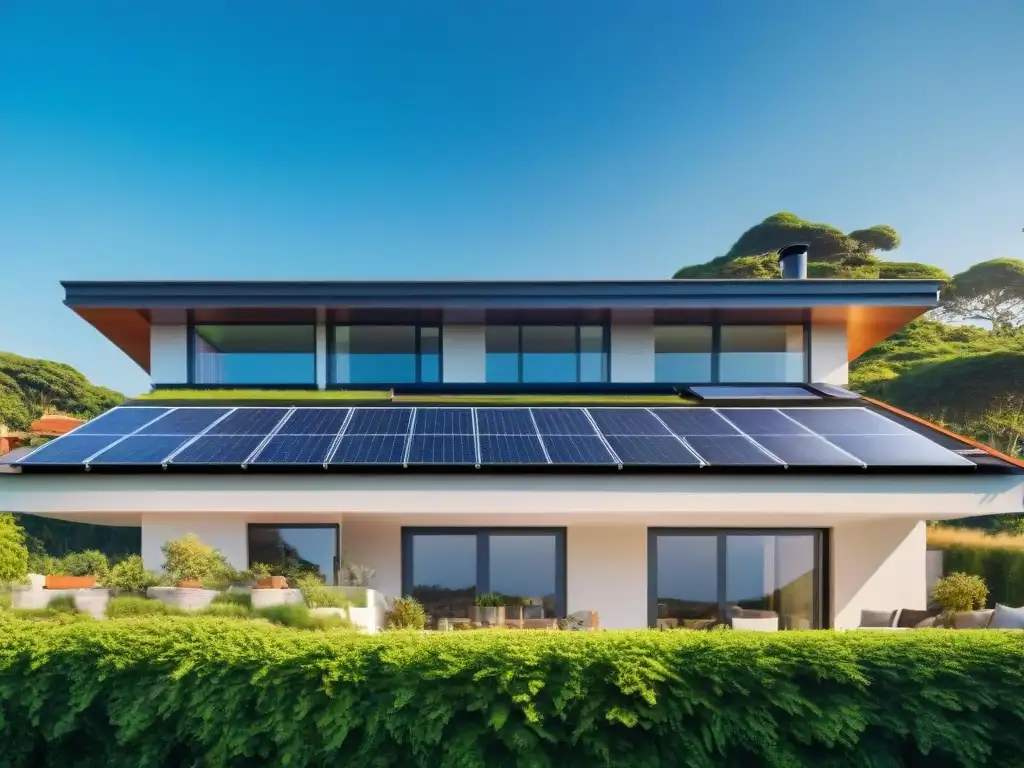 Casa eco-sostenible con paneles solares y vegetación exuberante Una casa ecológica con paneles solares en el techo y rodeada de vegetación exuberante