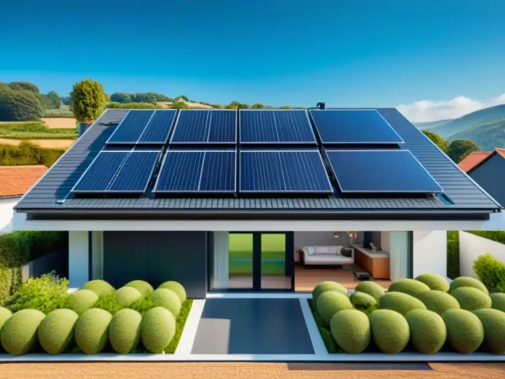 Casa inteligente ecológica con paneles solares, jardín vertical y gadgets controlados por app móvil en un día soleado