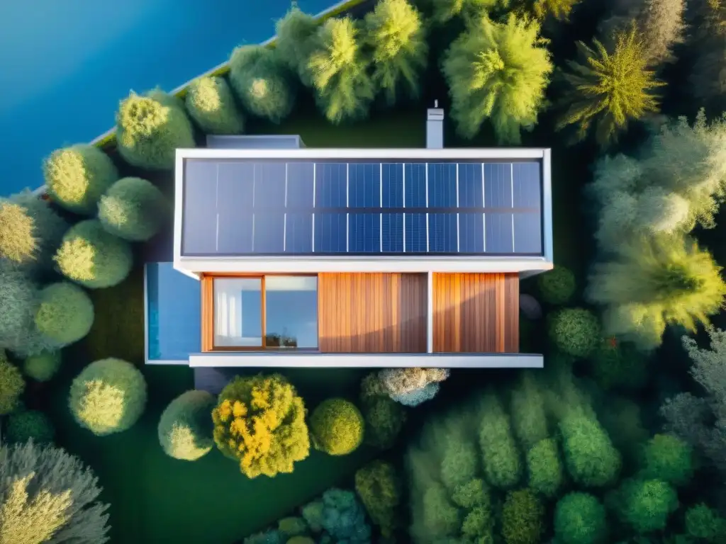 Casa pasiva de diseño innovador en paisaje verde, con paneles solares y techo verde