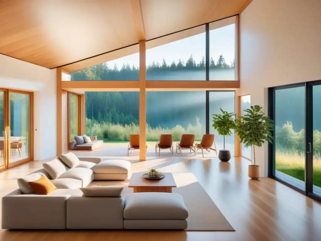 Una casa pasiva llena de luz natural, diseño minimalista y muebles sostenibles, creando un ambiente acogedor y confortable