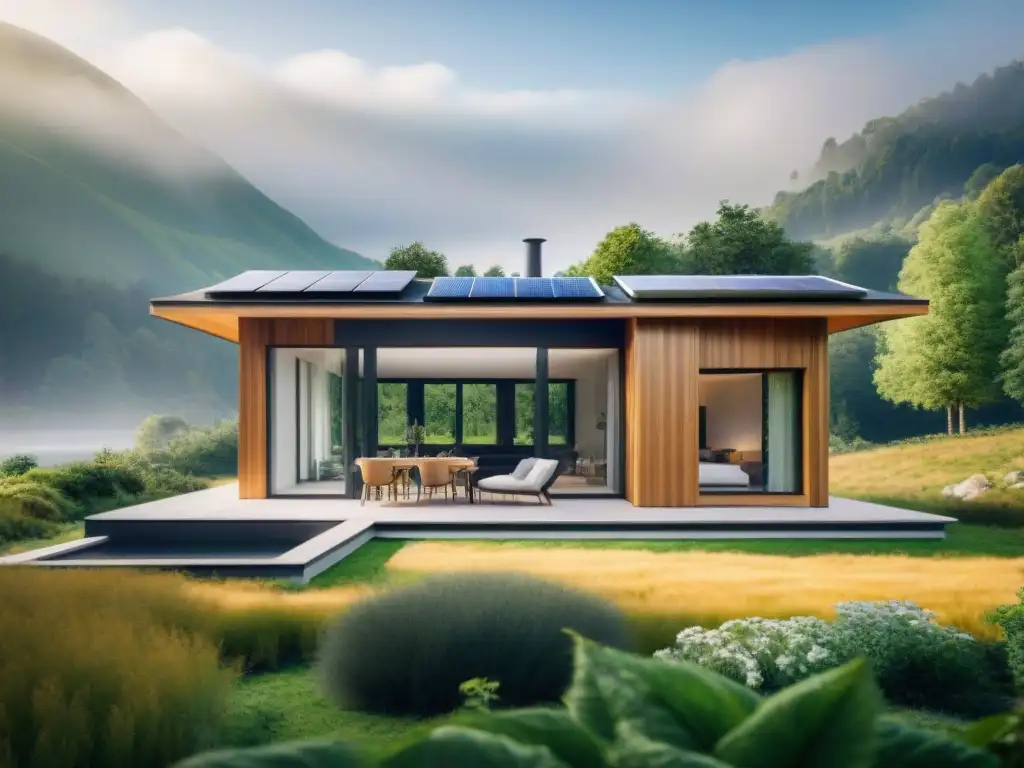 Una casa pasiva moderna con paneles solares y vegetación, simbolizando una vida sustentable en armonía con la naturaleza