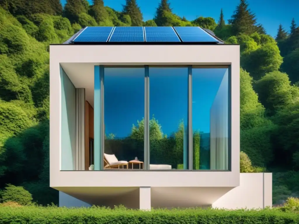 Una casa pasiva sostenible en el bosque, con ventanales y paneles solares, para casas pasivas confort mínimo impacto