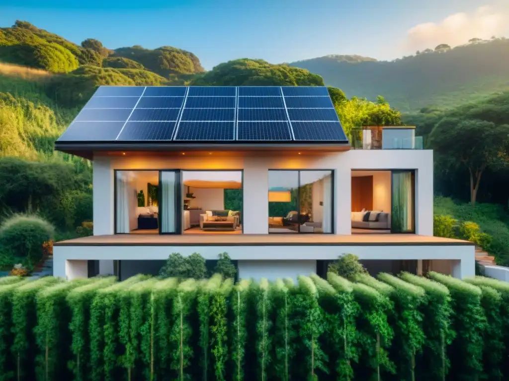 Una casa ecológica rodeada de naturaleza, paneles solares en el techo y una familia feliz en el porche