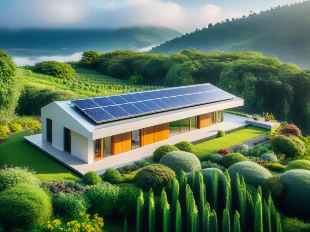 Una casa ecológica rodeada de vegetación, paneles solares y una familia sostenible