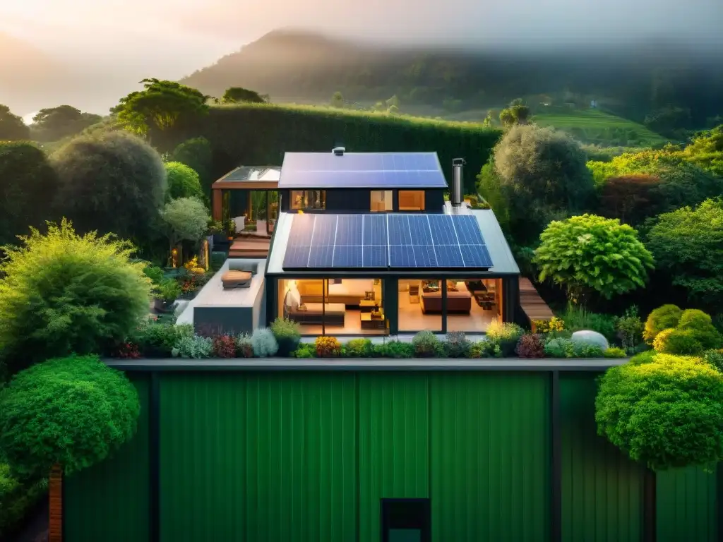 Una casa ecológica rodeada de vegetación, paneles solares brillando y una familia relajada en el porche