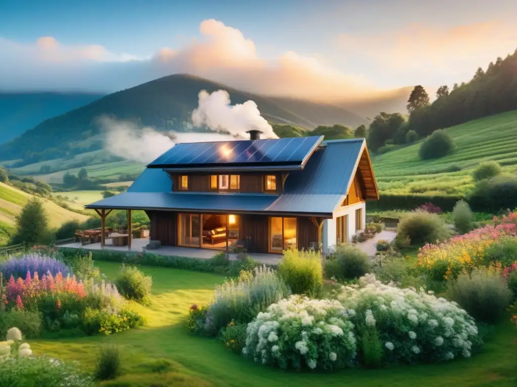 Una casa rural sostenible rodeada de naturaleza en armonía, con paneles solares, jardín y un arroyo