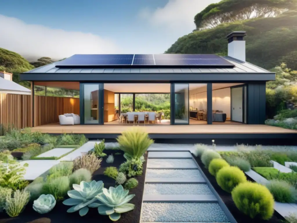 Casa sostenible con jardín en la azotea, paneles solares y diseño armonioso