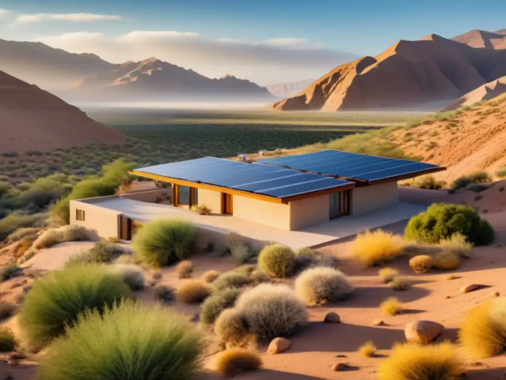 Una casa sostenible en un desierto árido, con estrategias de diseño para zonas áridas y sostenibilidad