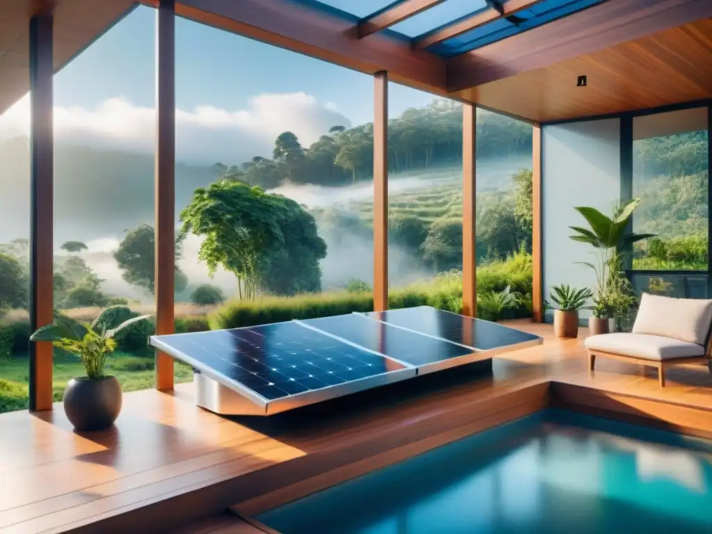 Casa sostenible futurista en paisaje verde con tecnología para vivienda sostenible