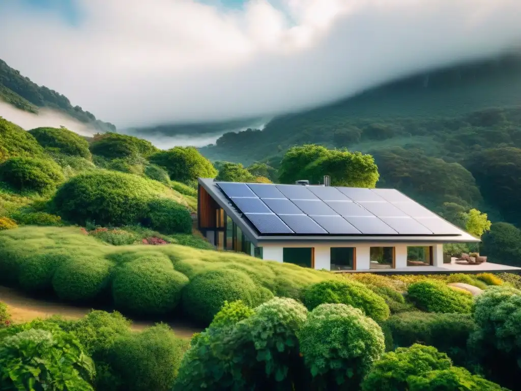 Casa sostenible del futuro integrada con la naturaleza: paneles solares, techo verde y ventanales