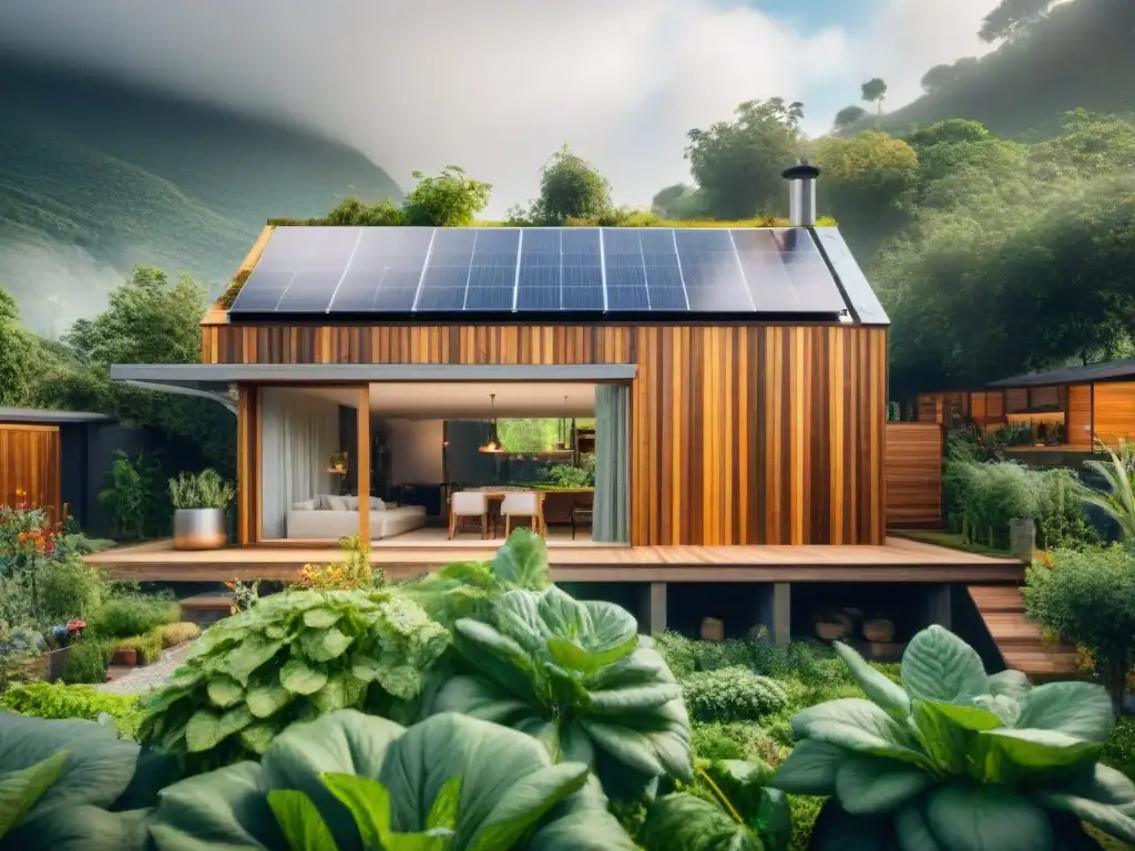 Casa sostenible de materiales reciclados en un entorno natural con paneles solares y jardín, promoviendo la ecoamigabilidad en diseño de vivienda