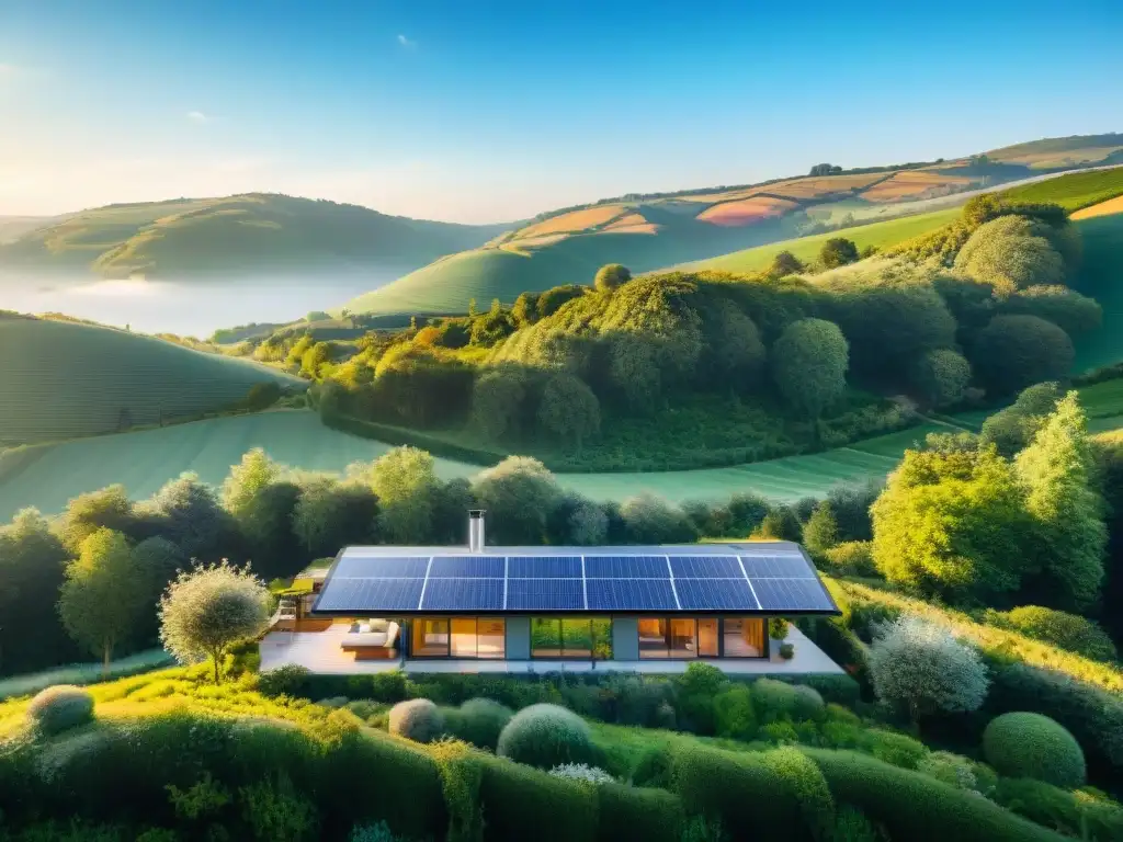 Una casa sostenible moderna capturando la luz solar, rodeada de un jardín exuberante y elementos ecofriendly