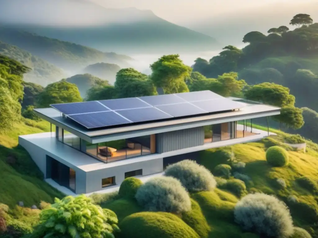 Una casa sostenible moderna con paneles solares, rodeada de vegetación y cielo despejado