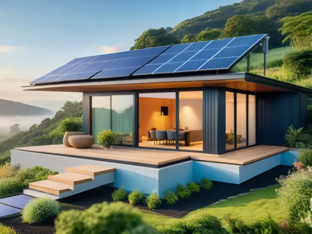 Una casa sostenible moderna con paneles solares, rodeada de vegetación y jardín ecoamigable bajo un atardecer vibrante