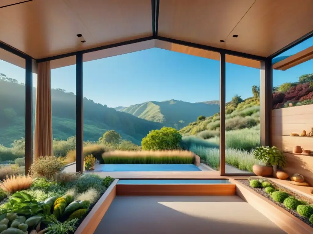 Hogar sostenible: armonía entre naturaleza y arquitectura ecoamigable Casa sostenible con muros de tierra apisonada y tejados verdes rodeada de jardín frondoso