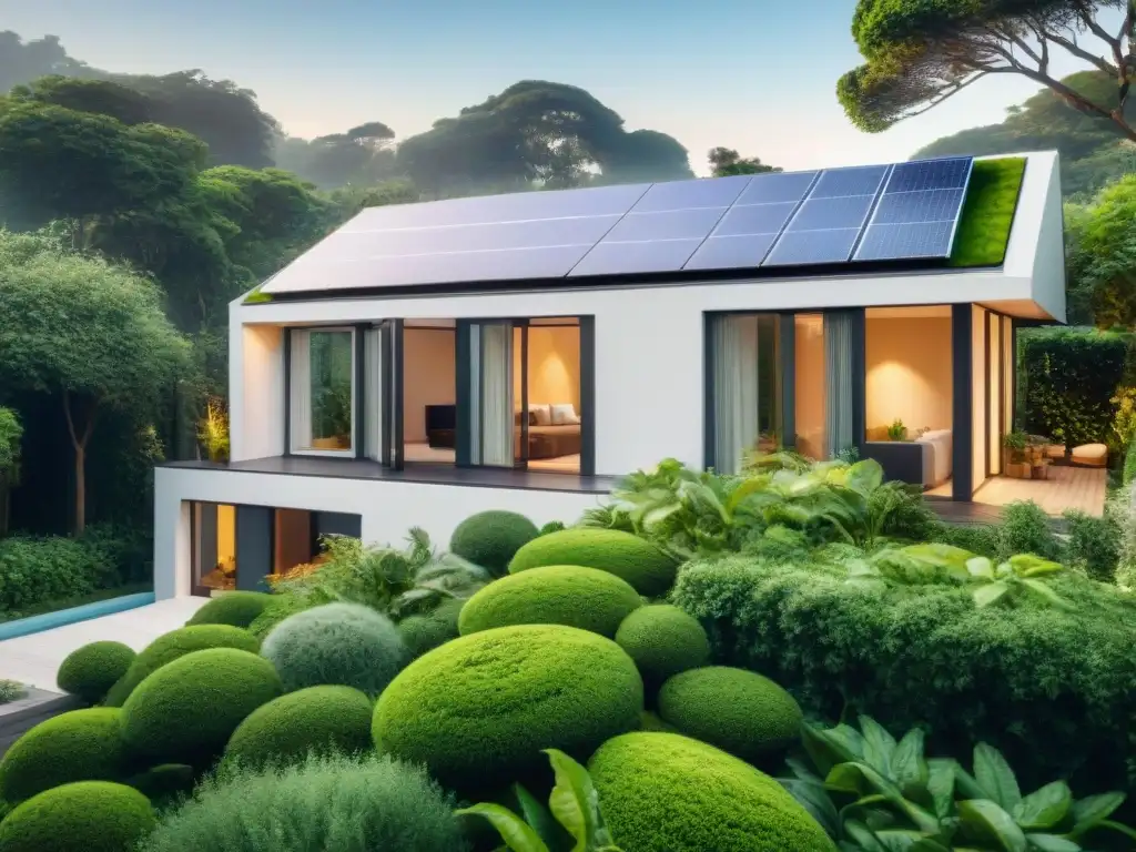 Una casa sostenible con paneles solares, jardines verticales y grandes ventanales, en armonía con la naturaleza