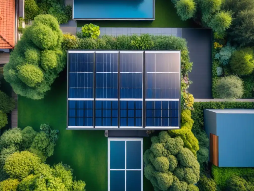 Casa sostenible con paneles solares bajo el sol, rodeada de naturaleza