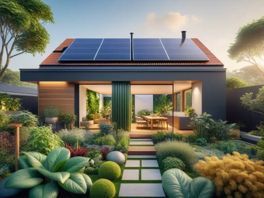 Una casa sostenible con paneles solares, jardín vertical y familia ecoamigable