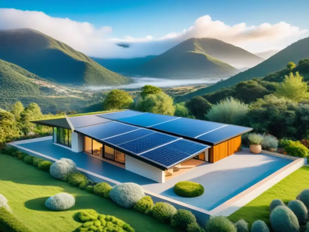 Casa sostenible con paneles solares, sistema de recolección de agua de lluvia y jardín verde, bajo cielos azules y montañas