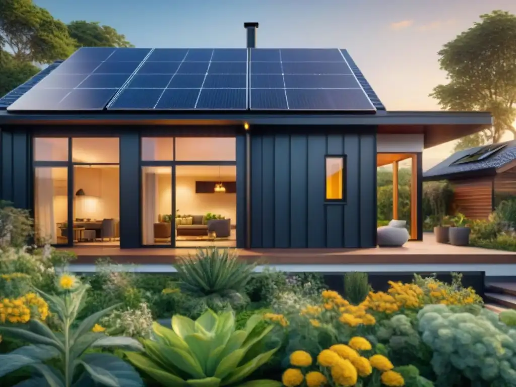 Casa sostenible con paneles solares, jardín verde y familia feliz disfrutando del espacio exterior al atardecer