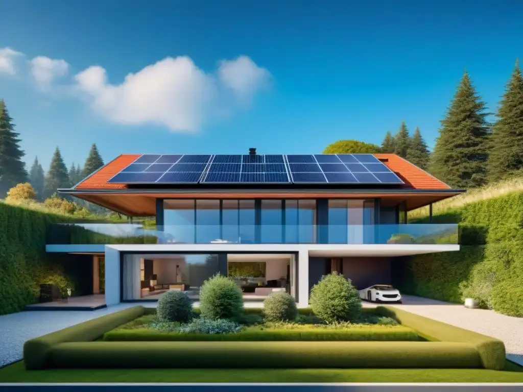 Casa sostenible con certificación EDGE: paneles solares, jardín verde, coche híbrido y ventanales