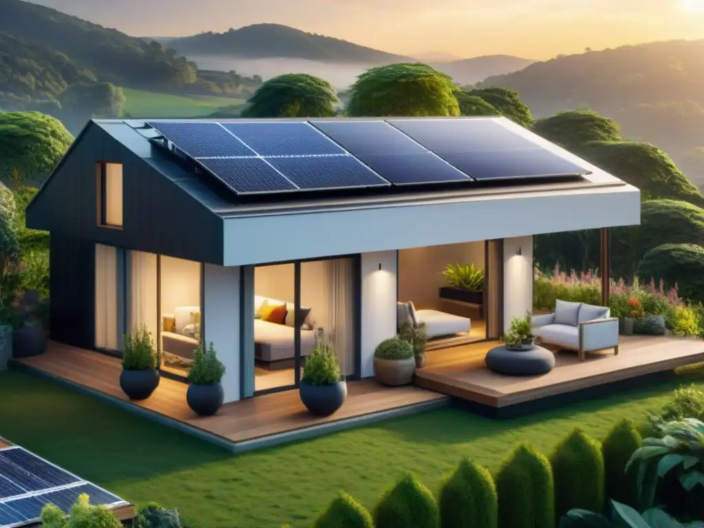 Casa sostenible con certificación EDGE, paneles solares, jardín verde y sistema de recolección de agua, bajo el cálido atardecer