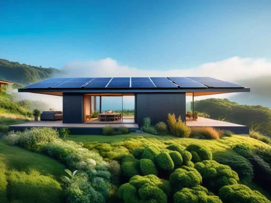 Una casa sostenible con paneles solares en el techo, rodeada de vegetación, bajo un cielo azul