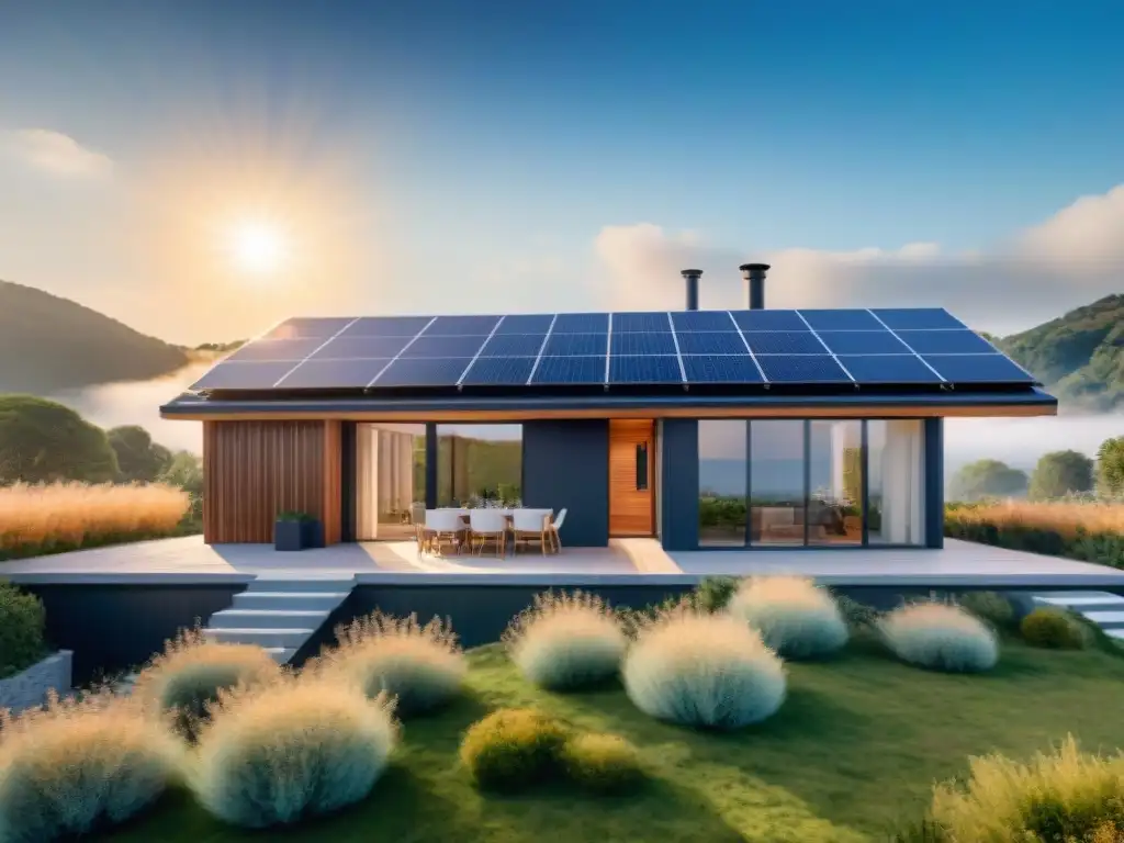 Una casa sostenible con paneles solares, familia feliz y jardín nativo, bajo un cielo azul brillante