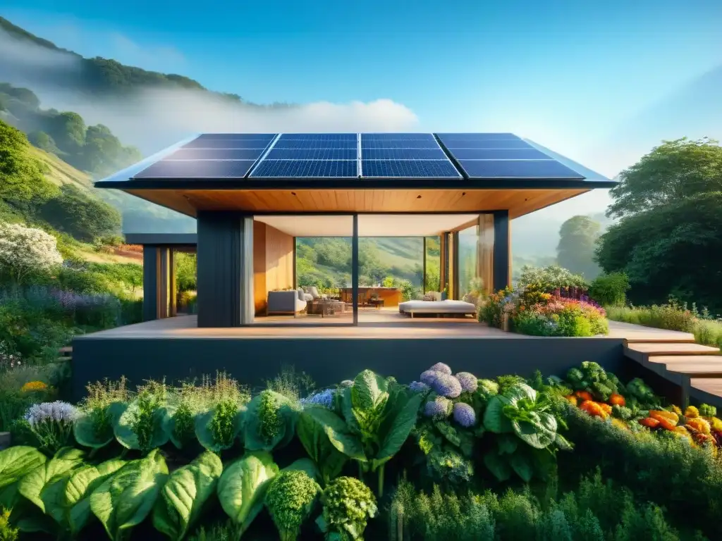 Vivienda sostenible en armonía con la naturaleza Una casa sostenible rodeada de vegetación, paneles solares en el techo y una familia disfrutando de actividades ecofriendly