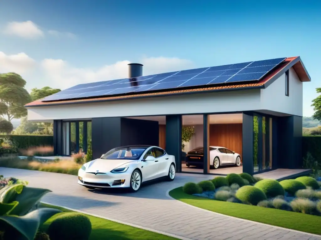 Casas sostenibles en armonía con la naturaleza, huella ecológica futura: paneles solares, jardines verticales y auto eléctrico Tesla