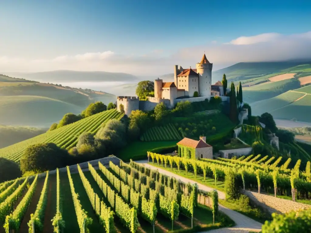 Un castillo europeo transformado en alojamiento sostenible, con viñedos y colinas, destacando la fusión de historia y arquitectura en Europa