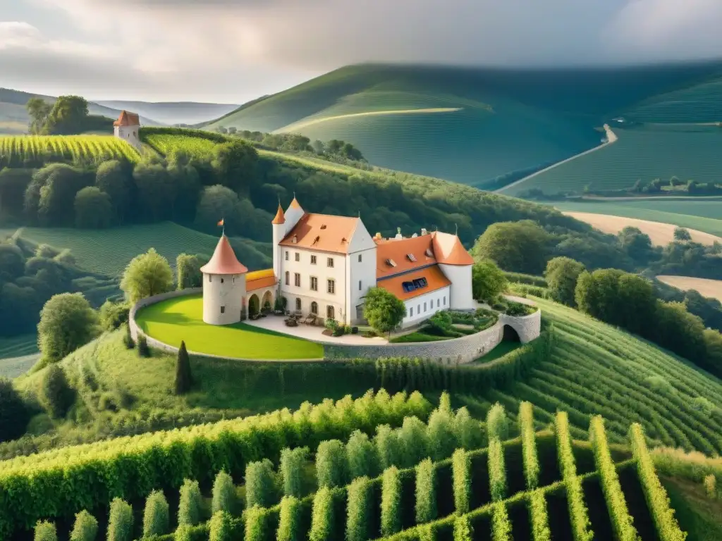 Un castillo restaurado rodeado de viñedos, con paneles solares y techos verdes