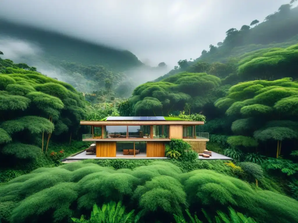 Cautivadora casa ecológica rodeada de vegetación exuberante