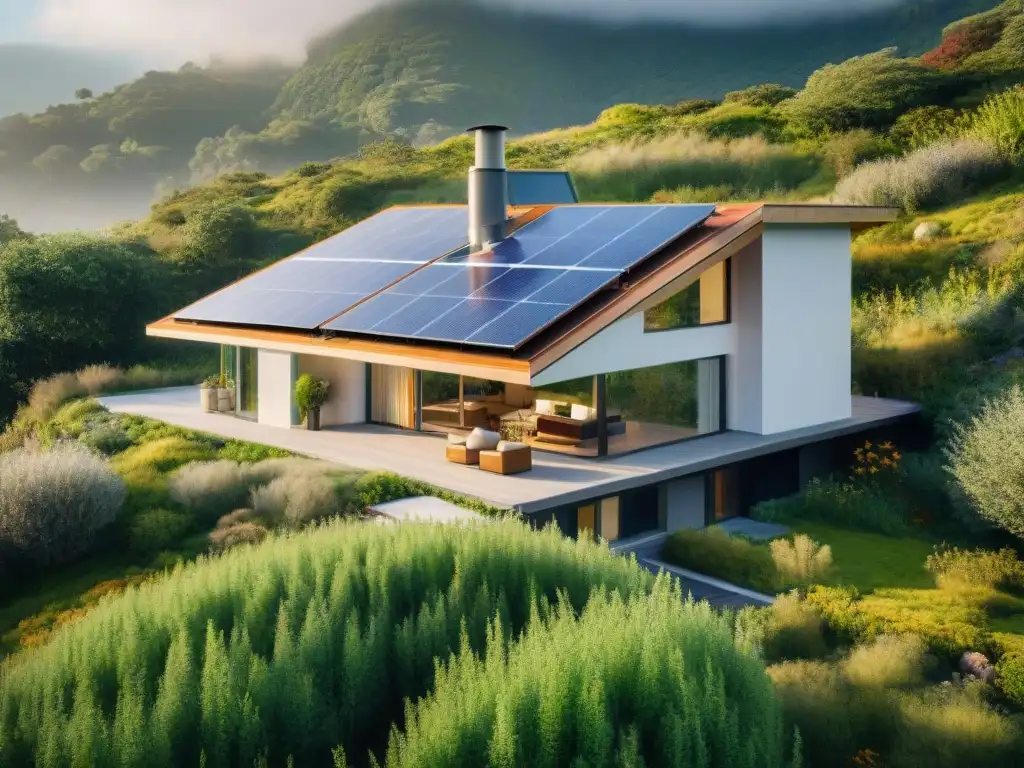 Casa ecológica con certificaciones eficiencia energética y conexión con la naturaleza en día soleado