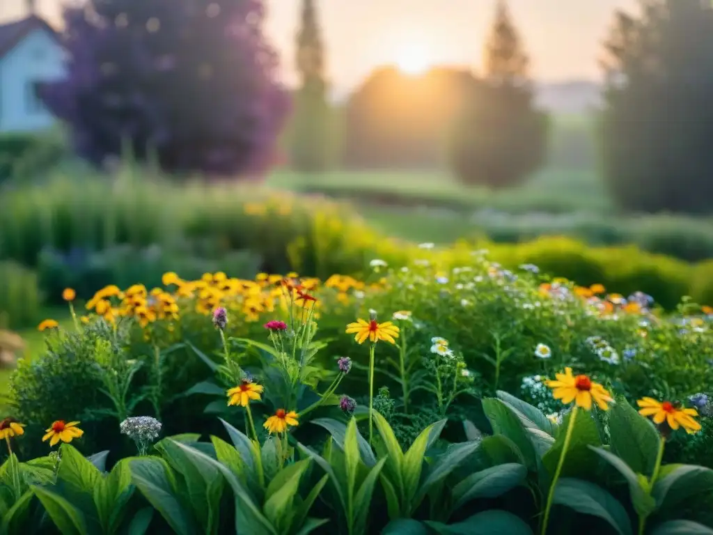 Un jardín ecológico con césped verde y flores silvestres, resaltando las alternativas sostenibles para un futuro más verde