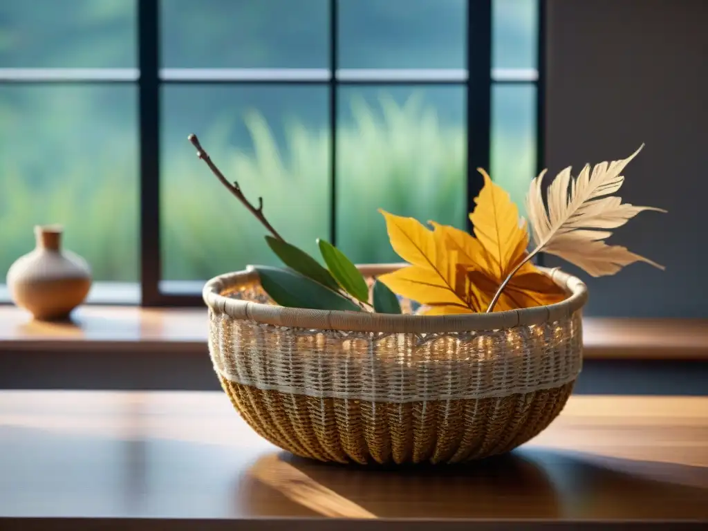 Un cesto tejido con materiales naturales, lleno de hojas secas, ramitas y piedras en una mesa de madera