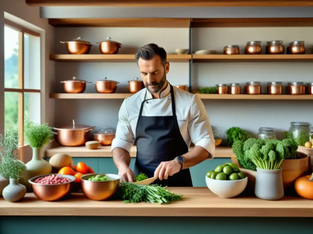 Un chef francés prepara platos sostenibles en una cocina rústica