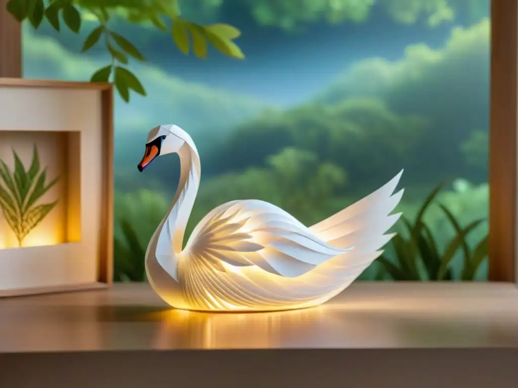 Un cisne de origami en papel reciclado sobre una linterna artesanal iluminada