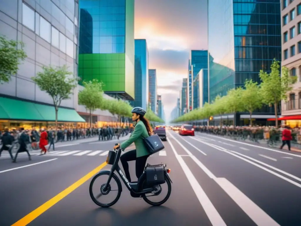 Una ciudad bulliciosa con peatones, ciclistas y vehículos eléctricos en un espacio urbano bien diseñado