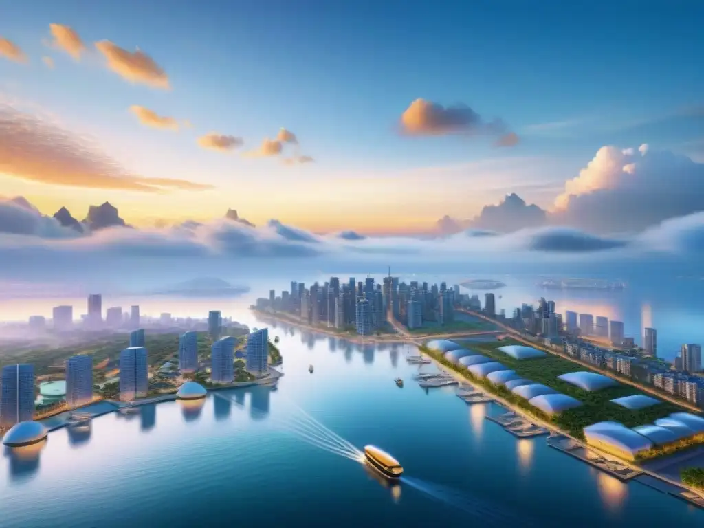 Metrópolis flotante: futuro sostenible al atardecer Una ciudad flotante futurista al atardecer, con arquitectura sustentable y tecnología avanzada, reflejando la armonía con el mar