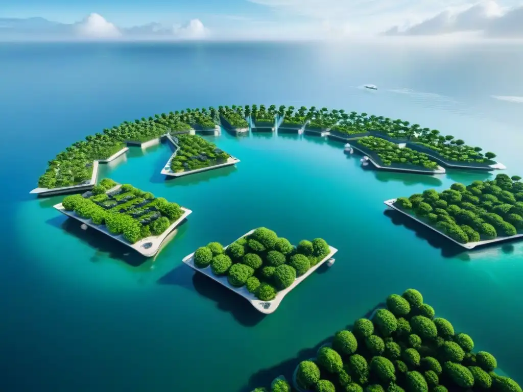 Ciudad flotante futurista: arquitectura eco y tecnología sostenible Una ciudad flotante futurista con tecnología sostenible y arquitectura innovadora, rodeada de aguas cristalinas y turbinas submarinas