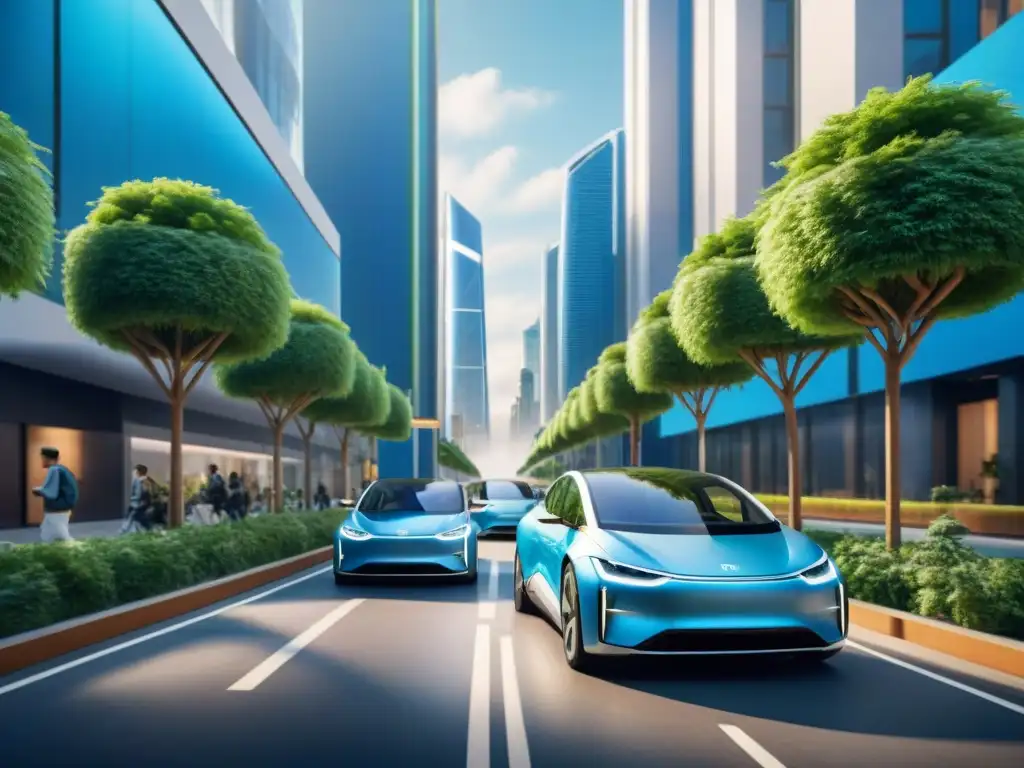 Una ciudad futurista con movilidad urbana sostenible: vehículos eléctricos, arquitectura ecofriendly y peatones felices entre naturaleza y tecnología