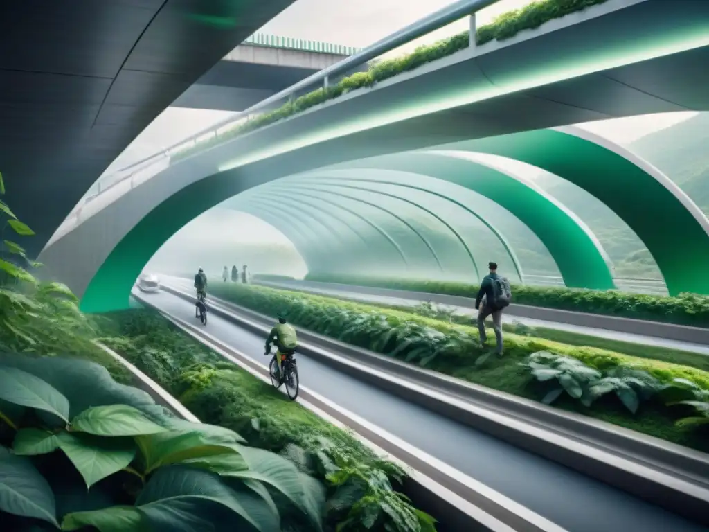 Una ciudad futurista con puentes y túneles verdes sostenibles integrados armoniosamente en el paisaje urbano