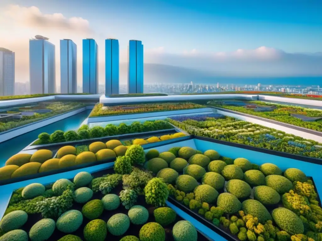 Visión futurista: ciudad sostenible con edificios eco amigables y espacios verdes Una ciudad futurista sostenible con materiales de construcción revolucionarán, integrando techos verdes y paneles solares