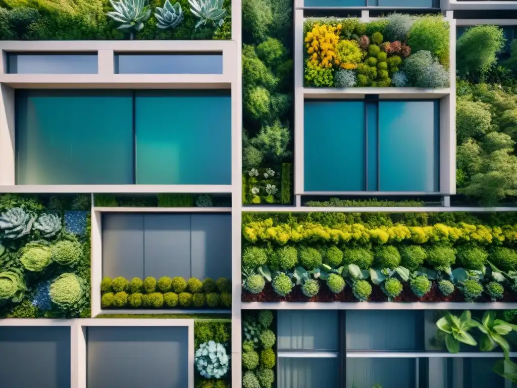 Una ciudad moderna con diseño sostenible: techos verdes, paneles solares y jardines verticales