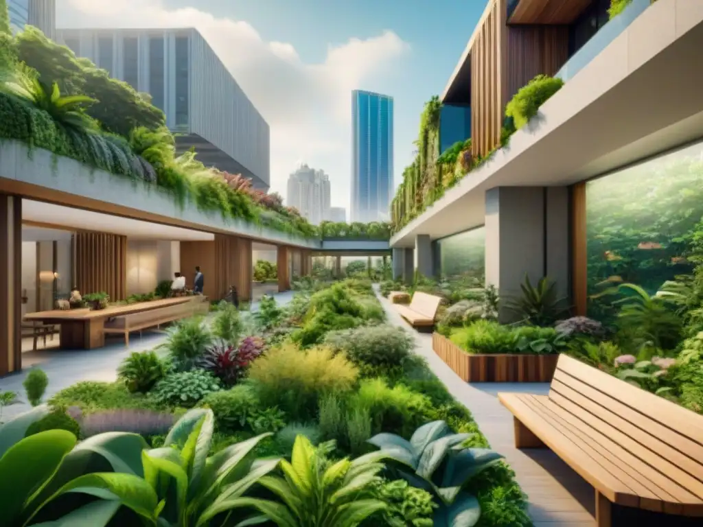 Metrópolis verde: arquitectura moderna y naturaleza en armonía Una ciudad moderna con rascacielos verdes y diseño biofílico para ciudades sostenibles