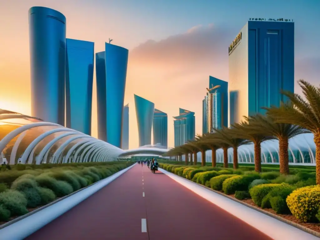 Una ciudad sostenible futurista en Abu Dhabi, con edificios verdes, paneles solares y jardines verticales, armonizando con el desierto al atardecer