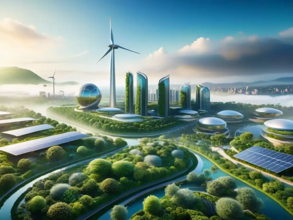 Una ciudad sostenible del futuro, con arquitectura verde innovadora y naturaleza